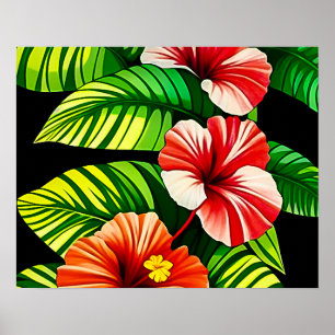 Färgglada tropiska blad och hibiskusblommor poster