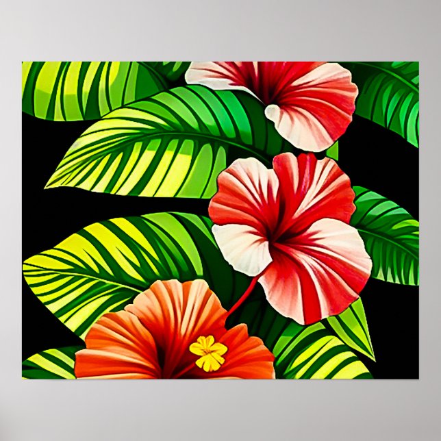 Färgglada tropiska blad och hibiskusblommor | poster (Framsidan)