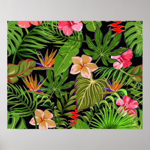 Färgglada tropiska blad och hibiskusblommor poster