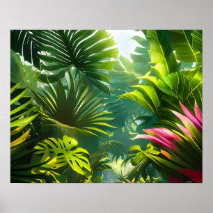Färgglada tropiska blad och hibiskusblommor poster