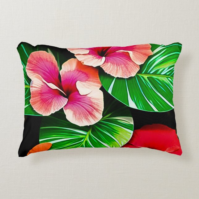 Färgglada tropiska blad och hibiskusblommor | prydnadskudde (Framsidan)