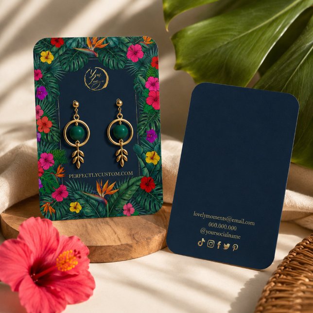 Färgglada Tropiska Blommiga Örhängen Visningskort  Visitkort (#JewelryPackaging #TropicalDesign #EarringsDisplayCard #BotanicalPackaging #JewelryBranding #Floral)
