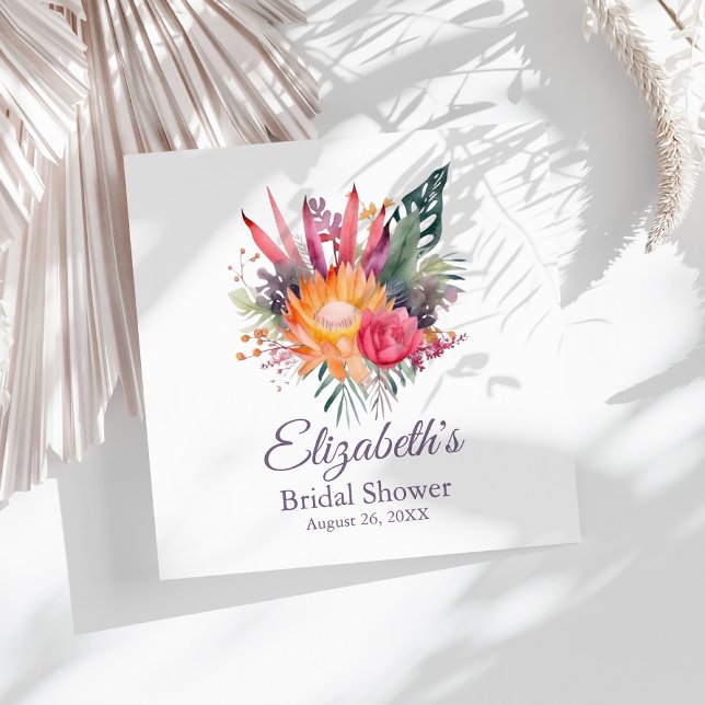 Färgglada Tropiska Blommor Bröllopsdusch Pappersservett (Colorful Tropical Flowers Bridal Shower Napkins on a sunny white dry palm leaf.)