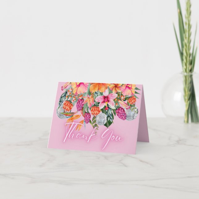 Färgglada Tropiska Blommor Disco Bollar Neon Glöd Tack Kort (Framsida)