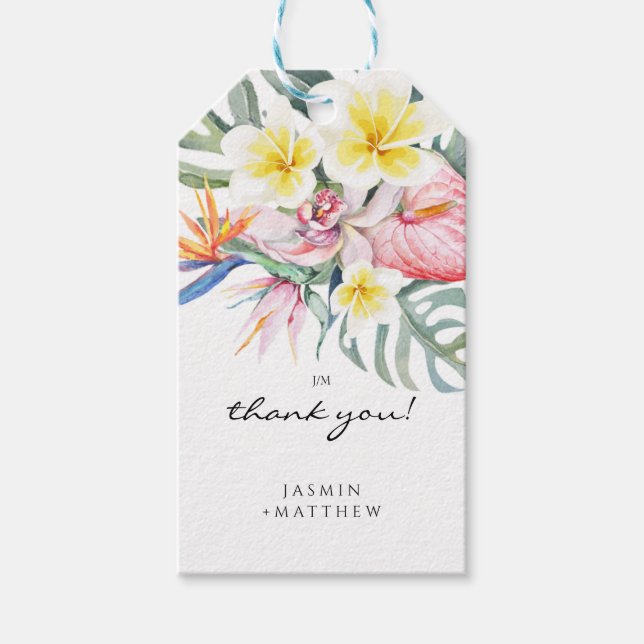 Färgglada tropiska blomster botaniska bröllop  presentetikett (Framsidan)