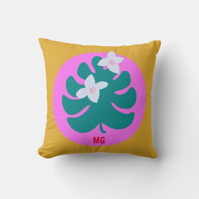 Färgglada tropiska blomstermodernt monogram rosa kudde (Framsida)
