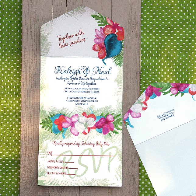Färgglada tropiska rosa korall turkos blå Plumeria (tropical teal calla lily pink and coral plumeria flower wedding invitations all-in-one with rsvp)