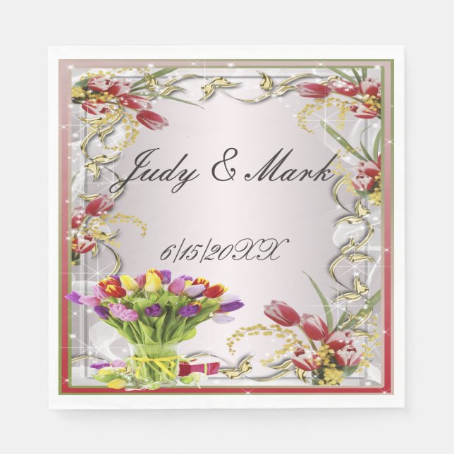 Färgglada Tulpan Blommiga Pappersservetter (Framsidan)