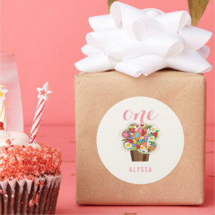 Färgglada vårblommor Cupcake flicka 1-års födelsed Runt Klistermärke