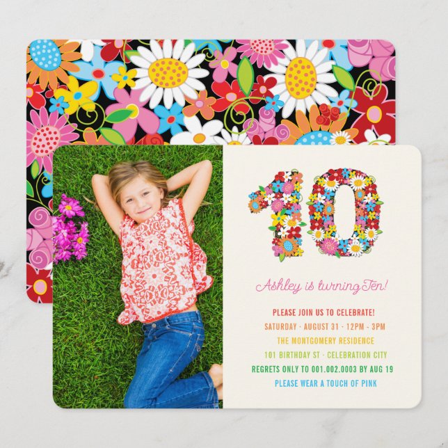 Färgglada vårblommor Foto Flicka 10-årsdag Inbjudningar (Fram/baksida)