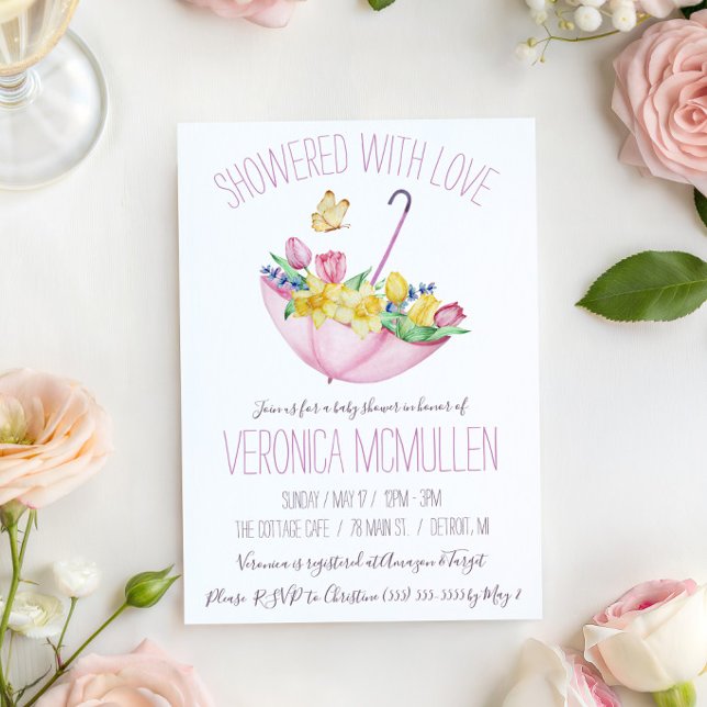 Färgglada vårblommor och paraply baby shower inbjudningar (Skapare uppladdad)