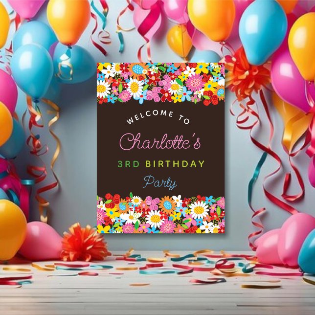Färgglada vårblommor trädgård födelsedags välkomst poster (Colorful Whimsical Spring Flowers Garden Girl's Birthday Party Welcome Poster @ fat_fa_tin)