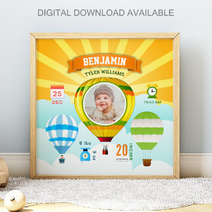 Färgglada varmluftsballonger Baby Foto Födelsestad Poster
