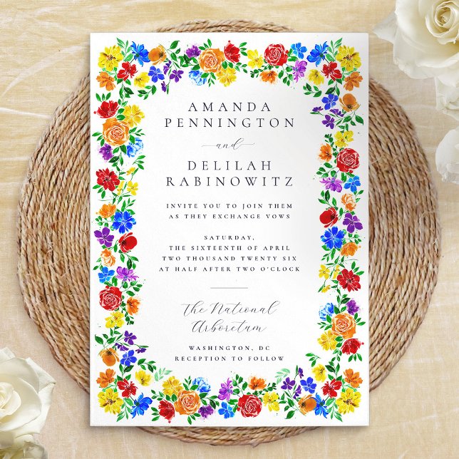 Färgglada vårregnbågsblommor Gay Pride-hälsning Inbjudningar (Colorful Spring Rainbow Flowers Gay Pride Wedding Invitation)