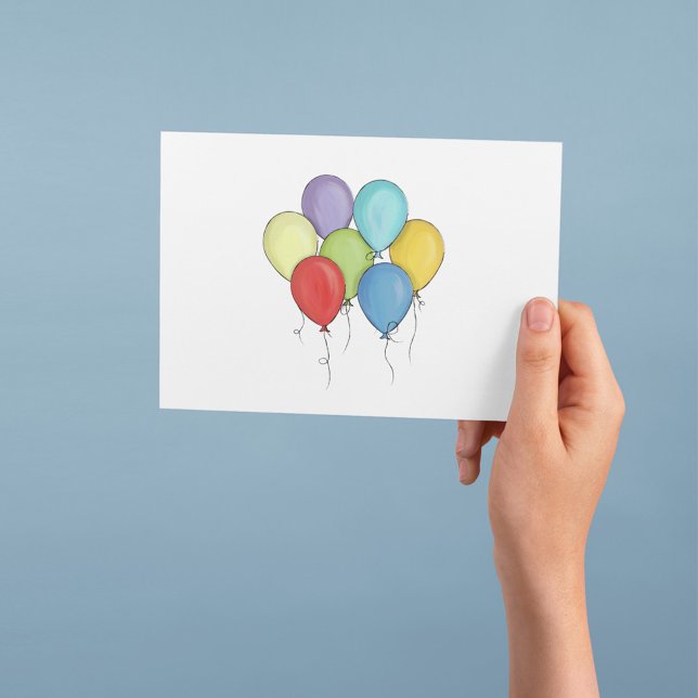Färgglada Vattenfärgballonger Firande Hälsning Kort (Greeting card with colorful watercolor balloon cluster illustration on a clean white background.)