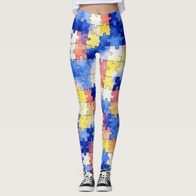 Färgglada Vattenfärgspusselbitmönster Leggings (Framsida)