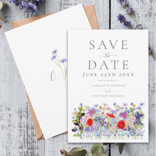 Färgglada vilda blommor akvarell boho bröllop spara datumet (Boho watercolor wildflowers wedding save the date invitation )