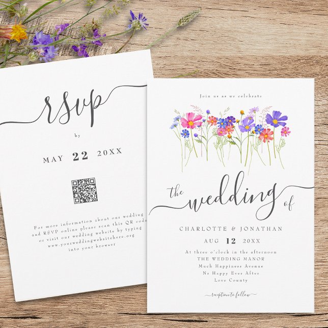 Färgglada Vilda Blommor Boho Bröllop QR-kod Inbjudningar (Colorful vibrant wildflower boho wedding qr code invitation Elegant whimsical script meadow flowers)