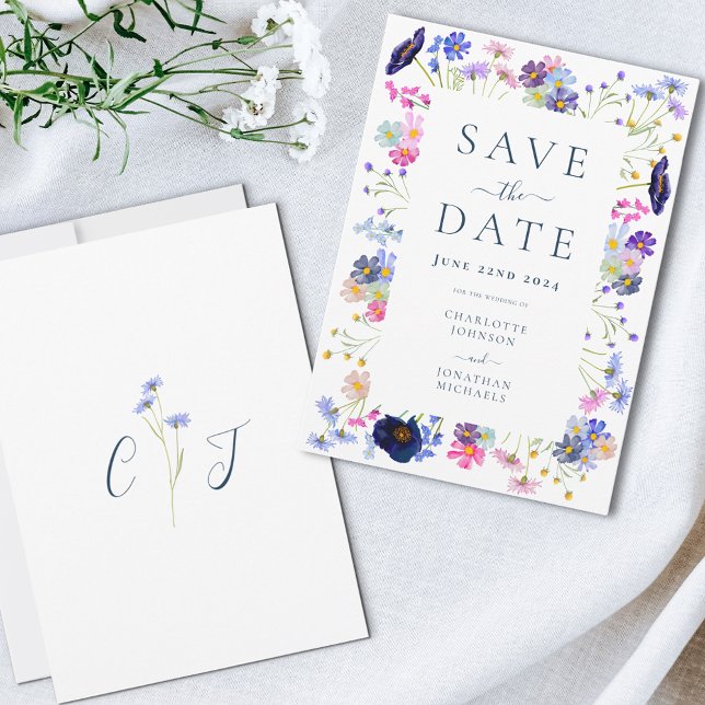 Färgglada vilda blommor Elegant bröllop Spara Datumet (Colorful wildflower watercolor wedding save the date with elegant monogram initial)