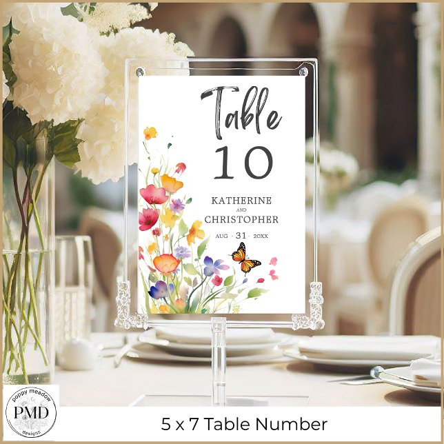 Färgglada vilda blommor Elegant bröllopsbord numme Inbjudningar (Colorful Wildflowers Elegant Wedding Table Number 5x7 with Optional Guest Names on Back.)