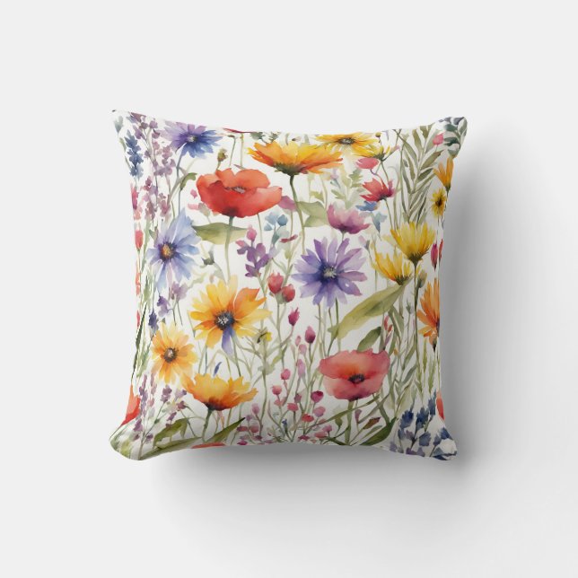Färgglada vilda blommor vallmo och tusenskönor kudde (Framsida)