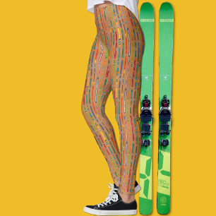 Färgglada vintage skidor på ljust brun mönster leggings