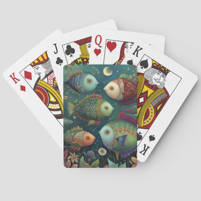 Färgglada Whimsical Fiskar Under Månen Casinokort (Baksidan)