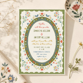 Färgglada Whimsical Folk Blommiga Fåglar Bröllop Inbjudningar