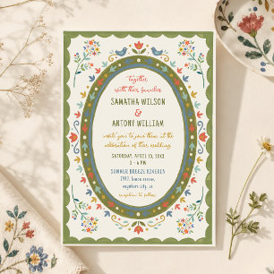 Färgglada Whimsical Folk Blommiga Fåglar Bröllop Inbjudningar