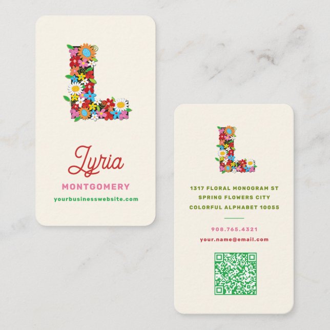Färgglada Whimsical Vårblommor L Monogram Namn Visitkort (Fram/baksida)
