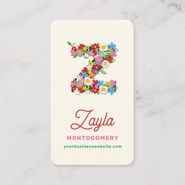Färgglada Whimsical Vårblommor Z Monogram Namn Visitkort (Framsida)