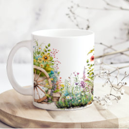 Färgglard Blomsterträdgård Vagn Hjul Landsbygd Kaffemugg