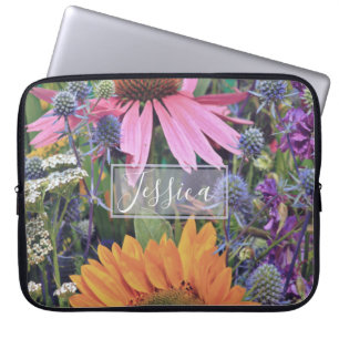 Färgglard trädgård med sommarblommor, personlig laptop fodral