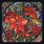 Färgglaset Stil Poinsettias & Holly Fyrkantigt Klistermärke<br><div class="desc">Lush-färgade jeweltonade djupa röda poinsetter och holly med jägare grönt och guld blad och runt svart gräns.</div>