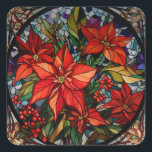 Färgglaset Stil Poinsettias & Holly Fyrkantigt Klistermärke<br><div class="desc">Lush-färgade jeweltonade djupa röda poinsetter och holly med jägare grönt och guld blad och runt svart gräns.</div>