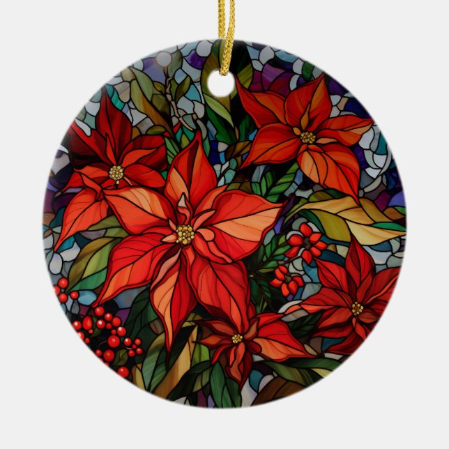 Färgglaset Stil Poinsettias & Holly Julgransprydnad Keramik (Framsidan)