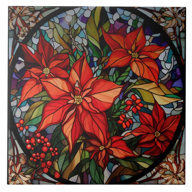 Färgglaset Stil Poinsettias & Holly Kakelplatta (Framsidan)