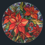 Färgglaset Stil Poinsettias & Holly Runt Klistermärke<br><div class="desc">Lush-färgade jeweltonade djupa röda poinsetter och holly med jägare grönt och guld blad och runt svart gräns.</div>