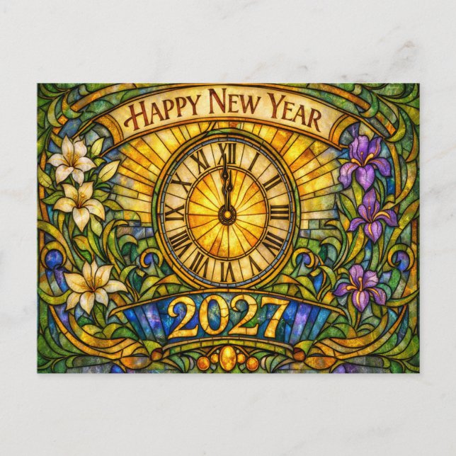 Färgglast fönster i blomsterform för nyår 2027 helg vykort (Framsida)