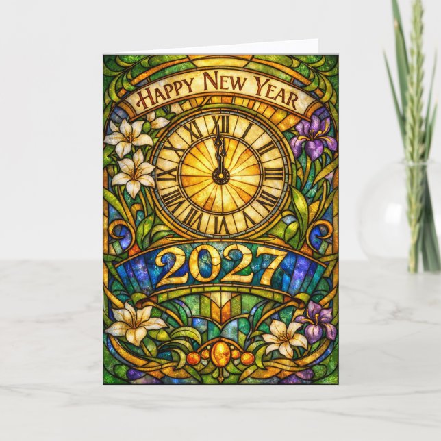 Färgglast glasmålning blommor Nyår 2027 Helgkort (Framsida)