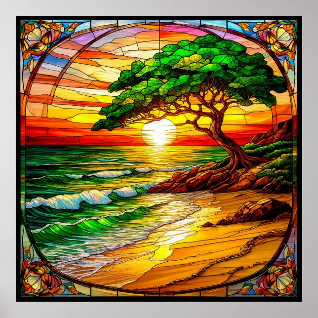 Färgglast solnedgång över strand i färgat glas poster (Framsidan)