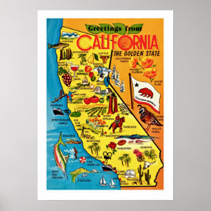 Färgglatt 20x28 Kalifornienkarttryck Poster