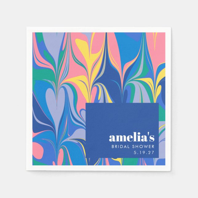 Färgglatt abstrakt marmor blått anpassat bröllopsd pappersservett (Framsidan)