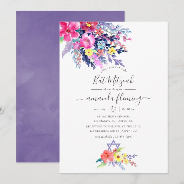 Färgglatt akvarell blommande vår Bat Mitzvah Inbjudningar (Fram/baksida)
