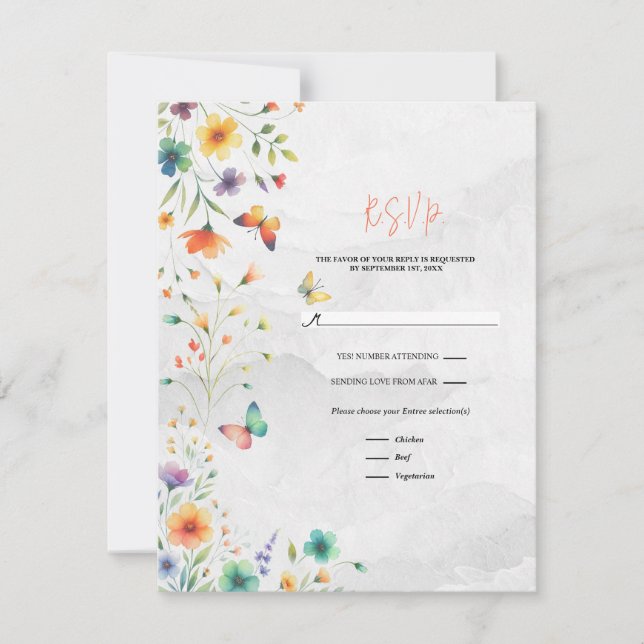 Färgglatt akvarell blommig fjäril bröllop RSVP Inbjudningar (Framsida)