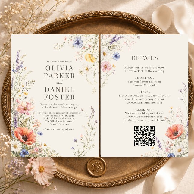 Färgglatt ängsblomma QR-kod Boho-bröllop Inbjudningar (Skapare uppladdad)