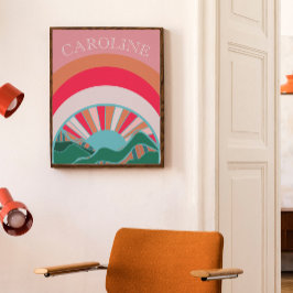 Färgglatt Bergslandskap Solnedgång Flickor Poster