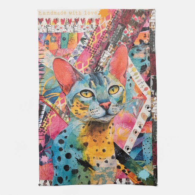 Färgglatt blandat papper katt collage kökshandduk (Vertikal)