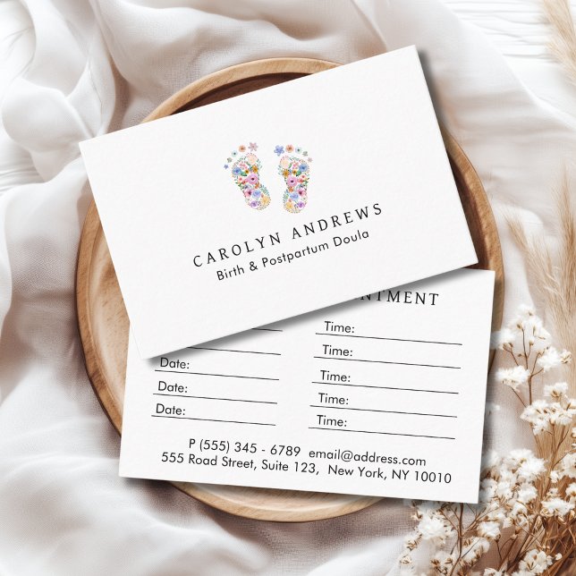 Färgglatt blombarn fotavtryck logotyp vit tidsbeställning kort (Colorful Flower Baby Footprint Logo White Appointment Card for Midwives, Doulas & Baby Service.)