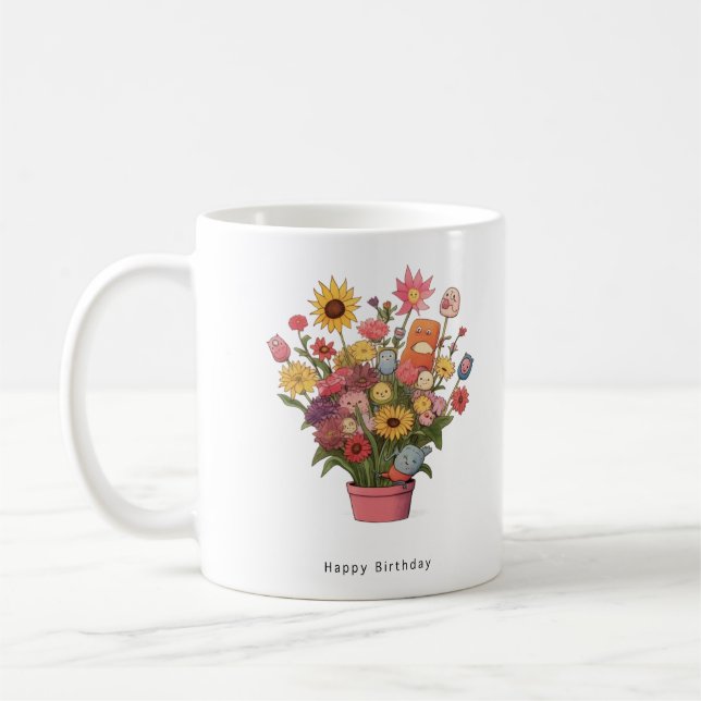 Färgglatt blommande födelsedagsbukett,  kaffemugg (Vänster)